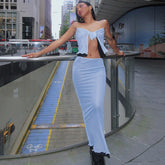 Conjunto de falda de malla en capas con cintura alta y cuello anudado a juego - Azul claro