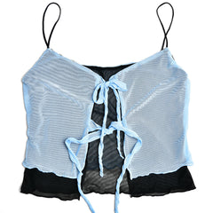 Conjunto de falda de malla en capas con cintura alta y cuello anudado a juego - Azul claro