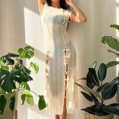 Transparentes Spitzenmuster, Rundhalsausschnitt, Flügelärmeln, Schleife, Urlaubs-Midikleid - Aprikose