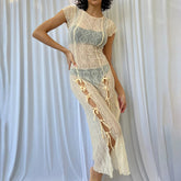 Transparentes Spitzenmuster, Rundhalsausschnitt, Flügelärmeln, Schleife, Urlaubs-Midikleid - Aprikose