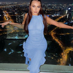 Ärmelloses Club-Kleid mit Rüschenbesatz und 3D-Blumen - Blau