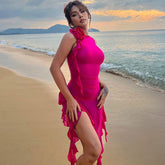 Vestido de club sin mangas con volantes y flores 3D - Rosa intenso