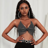 Rhinestone Fishnet Ruched Detail Open Back Halter Crop Top - Black