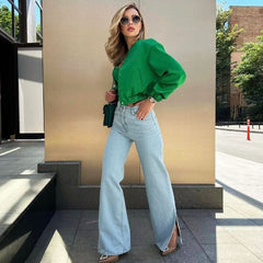 Chaqueta bomber de manga larga con botones y cuello alto - Verde esmeralda