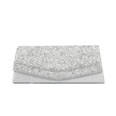 Rhinestone Embellished Textured Flap Clutch Evening Bag - Silver