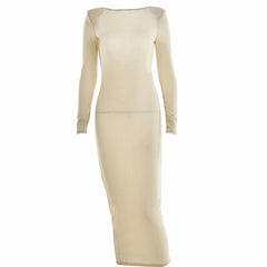 Vestido midi de cóctel con espalda abierta y mangas largas - Caqui