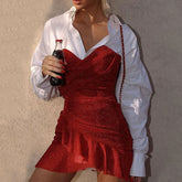 Vestido corto ajustado con frunces y volantes para discoteca - Rojo