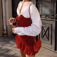 Vestido corto ajustado con frunces y volantes para discoteca - Rojo