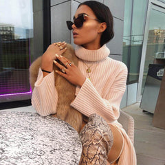 Rib Split Hem Turtleneck Pullover Sweater - Khaki