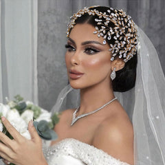 Diadema con efecto de rama brillante y adornos de cristales en forma de lágrima - Dorado