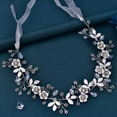 Flower Trim Crystal Rhinestone Embellished Headband - Silver