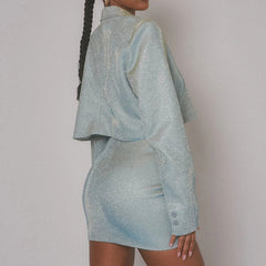 Conjunto de blazer ajustado con cuello de solapa y botones, minifalda a juego - Azul