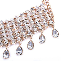 Rhinestone Dropwater Fringe Statement Choker Necklace - Gold