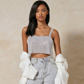 Top corto con escote cuadrado y diamantes de imitación de metal - Plateado