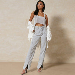 Top corto con escote cuadrado y diamantes de imitación de metal - Plateado