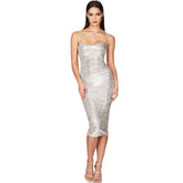 Figurbetontes Cocktail-Midikleid mit Pailletten und U-Ausschnitt - Silber