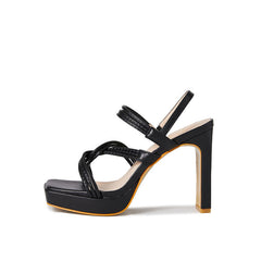 Open Toe Twisted Strap Platform High Heel Sandals - Black