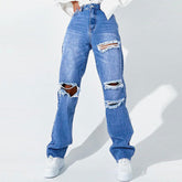 Jeans mit Cut-Outs und hoher Taille sowie ausgefranstem geradem Bein - Blau