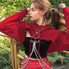 Kurzer Hoodie mit überschnittenen Schultern und Kettendetail - Rot