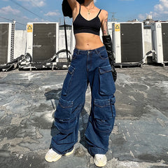 Panel Trim Patch Pocket Cargo Jeans - Blue