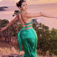 Vestido largo camisero de satén con aberturas en la parte delantera y lazo en la espalda - Verde