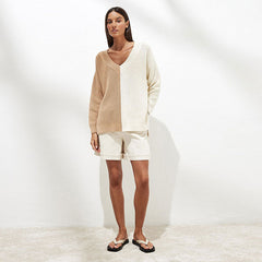Color V Neck Drop Shoulder Long Sleeve Sweater - Khaki