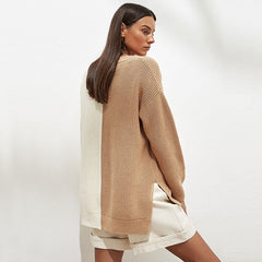 Color V Neck Drop Shoulder Long Sleeve Sweater - Khaki