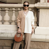 Color V Neck Drop Shoulder Long Sleeve Sweater - Khaki