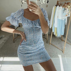 Sommerliches, figurbetontes Minikleid mit Bustier und Puffärmeln - Blau