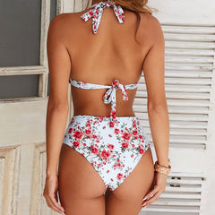 Conjunto de bikini de triángulo deslizante con cintura alta y estampado floral - Blanco