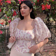 Rückenfreies Crop Top Mit Blumenmuster Und Puffärmeln Zum Schnüren - Beige