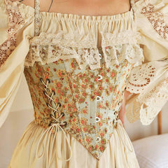 Kurzes Korsett-Top mit Rüschen, Haken- und Ösen-Schnürung und Blumenmuster an der Seite - Grün