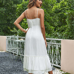 Vestido midi sin mangas con ribete de encaje y dobladillo con volantes - Blanco