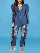 Jeans-Jumpsuit mit Puffärmeln und Quasten
