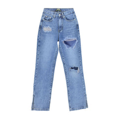 Jeans mit weitem Bein und hoher Taille und seitlichem Schlitz - Blau