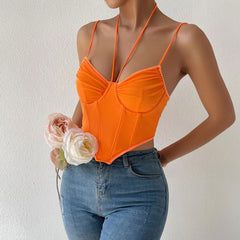 Neckholder-Bustier, gebogen, ärmellos, kurzes Korsett-Top aus Netzstoff – gebranntes Orange