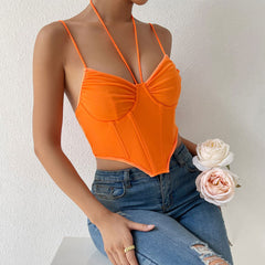Neckholder-Bustier, gebogen, ärmellos, kurzes Korsett-Top aus Netzstoff – gebranntes Orange