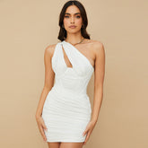 Minivestido de fiesta de malla fruncida con abertura en un hombro - Blanco