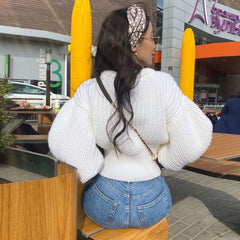 Round Neck Bishop Sleeve Crop Pullover Sweater - White