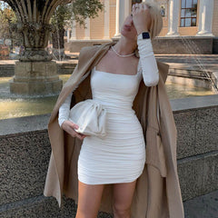 Minivestido de fiesta fruncido con escote cuadrado y manga larga - Blanco