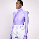 Turtleneck Long Sleeve Shoulder Pad Seamless Bodysuit - Purple