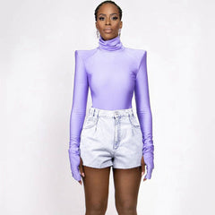 Turtleneck Long Sleeve Shoulder Pad Seamless Bodysuit - Purple