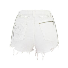 Zip Trim High Waist Distressed Denim Shorts - White