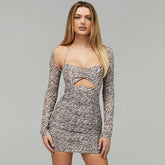 Vestido corto de fiesta con estampado de manga larga y escote halter exclusivo - Gris