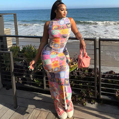 Vestido largo sin mangas con cuello alto y estampado de hojas secantes exclusivo - Multicolor