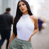 Unique Rib High Cut Sleeveless Halter Thong Bodysuit - White