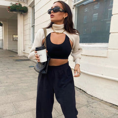 Unique Turtleneck Long Sleeve Crop Pullover Sweater - White