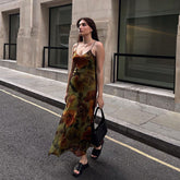 Vintage Floral Print V Neck Slip A-line Maxi Dress - Green