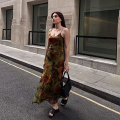 Vintage Floral Print V Neck Slip A-line Maxi Dress - Green