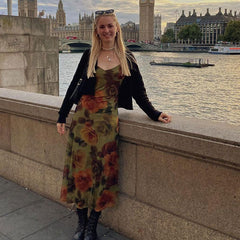 Vintage Floral Print V Neck Slip A-line Maxi Dress - Green